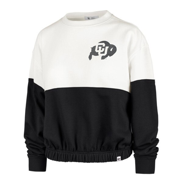Half white and half black crewneck sweatshirt with cinched waist and black CU Buffalo logo on left chest